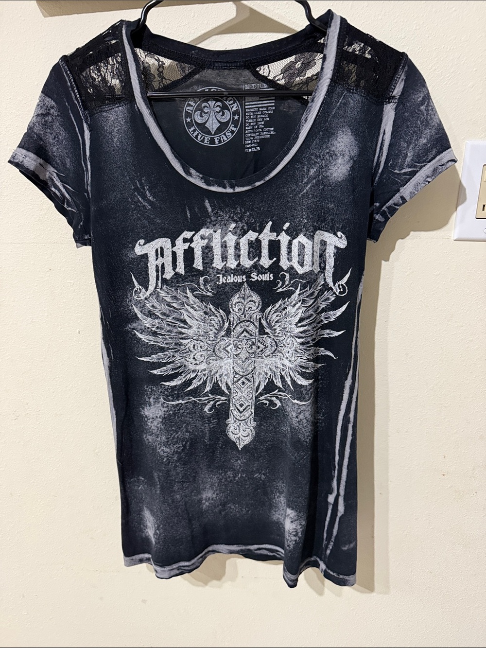 Affliction Black Distressed Cross Graphic Lace-Shoulder Tee